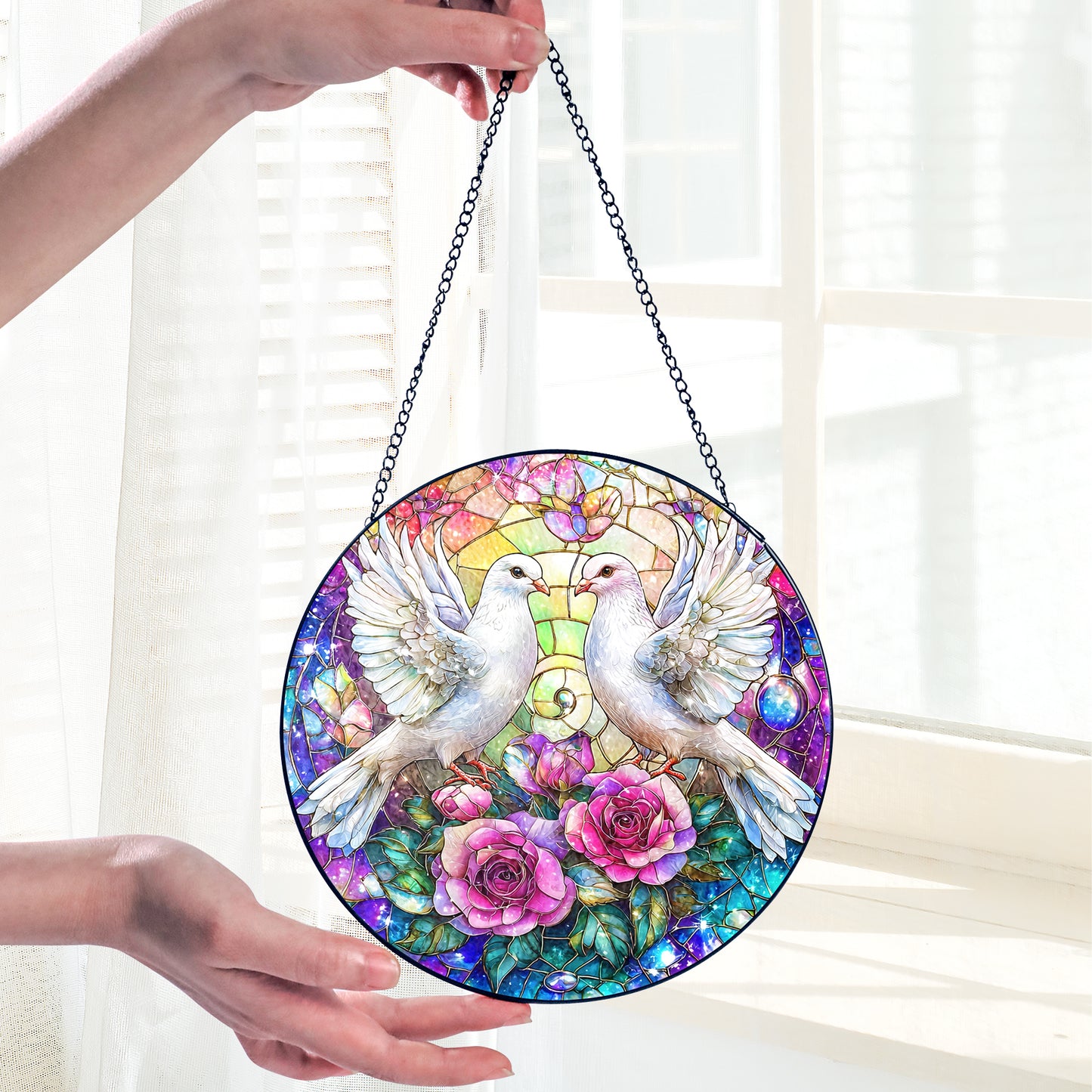 Netecom White Doves Stained Glass Suncatcher, Romantic Window Hanging Decor, Elegant Home Accent, Wedding Anniversary or Christmas Gift for Couples