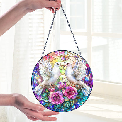 Netecom White Doves Stained Glass Suncatcher, Romantic Window Hanging Decor, Elegant Home Accent, Wedding Anniversary or Christmas Gift for Couples