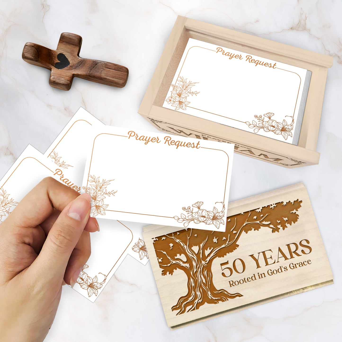 Netecom Personalized Birthday Prayer Box 50 Years with Custom Name, Christian Faith Gift with Wooden Cross & 100 Prayer Request Cards, Meaningful 50th Birthday Gift
