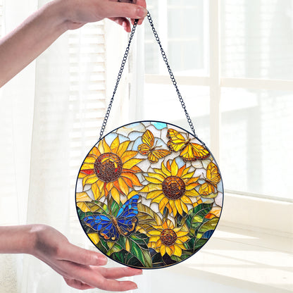 Netecom Sunflower and Butterfly Stained Glass Ornament – Personalized Floral Sun Catcher, Nature-Inspired Window Hanging