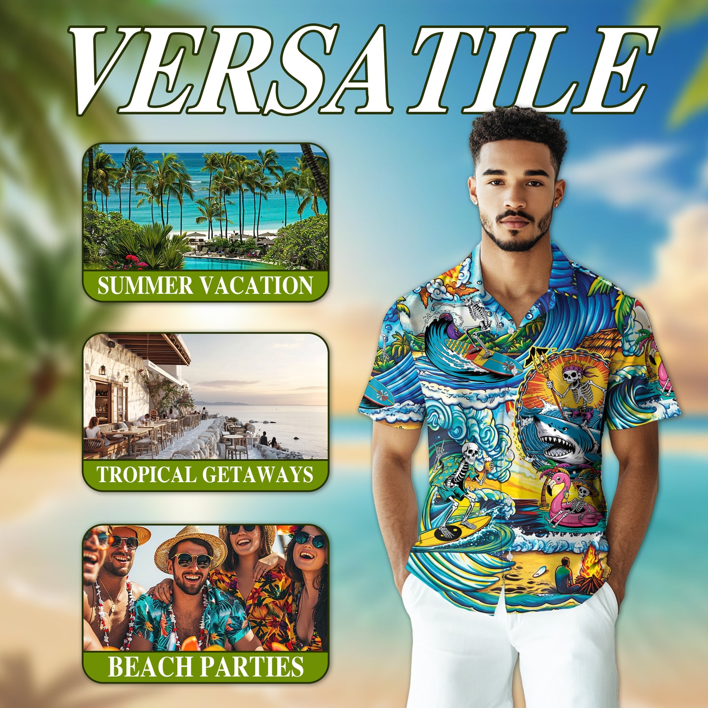 Netecom Funny Surfing Skull Art Hawaiian Shirt for Men Women, Tropical Button Down Summer Beach Short Sleeve Shirts