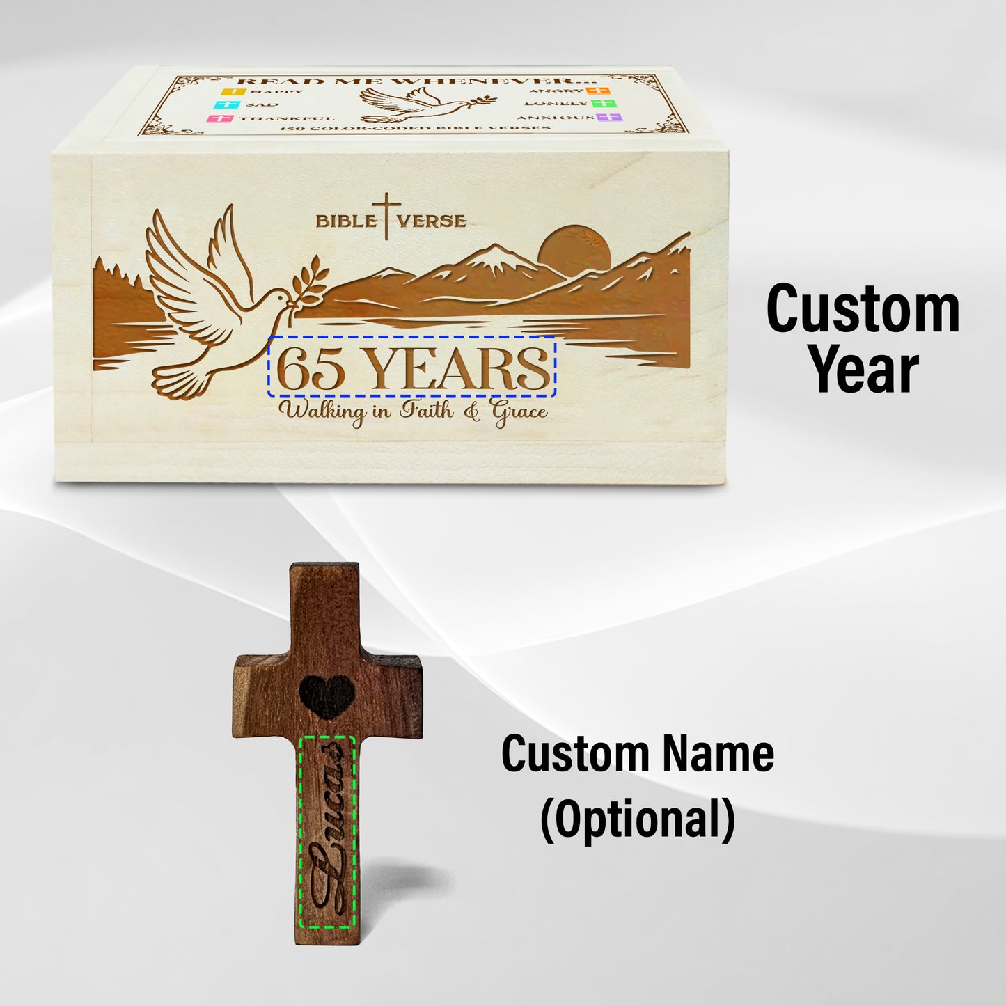 Netecom Personalized Bible Verse Box for 65 Years Birthday, Custom Name & Age, Engraved Wood Scripture Box with Pocket Cross, 150 Daily Bible Verse Cards, Christian Birthday Gift
