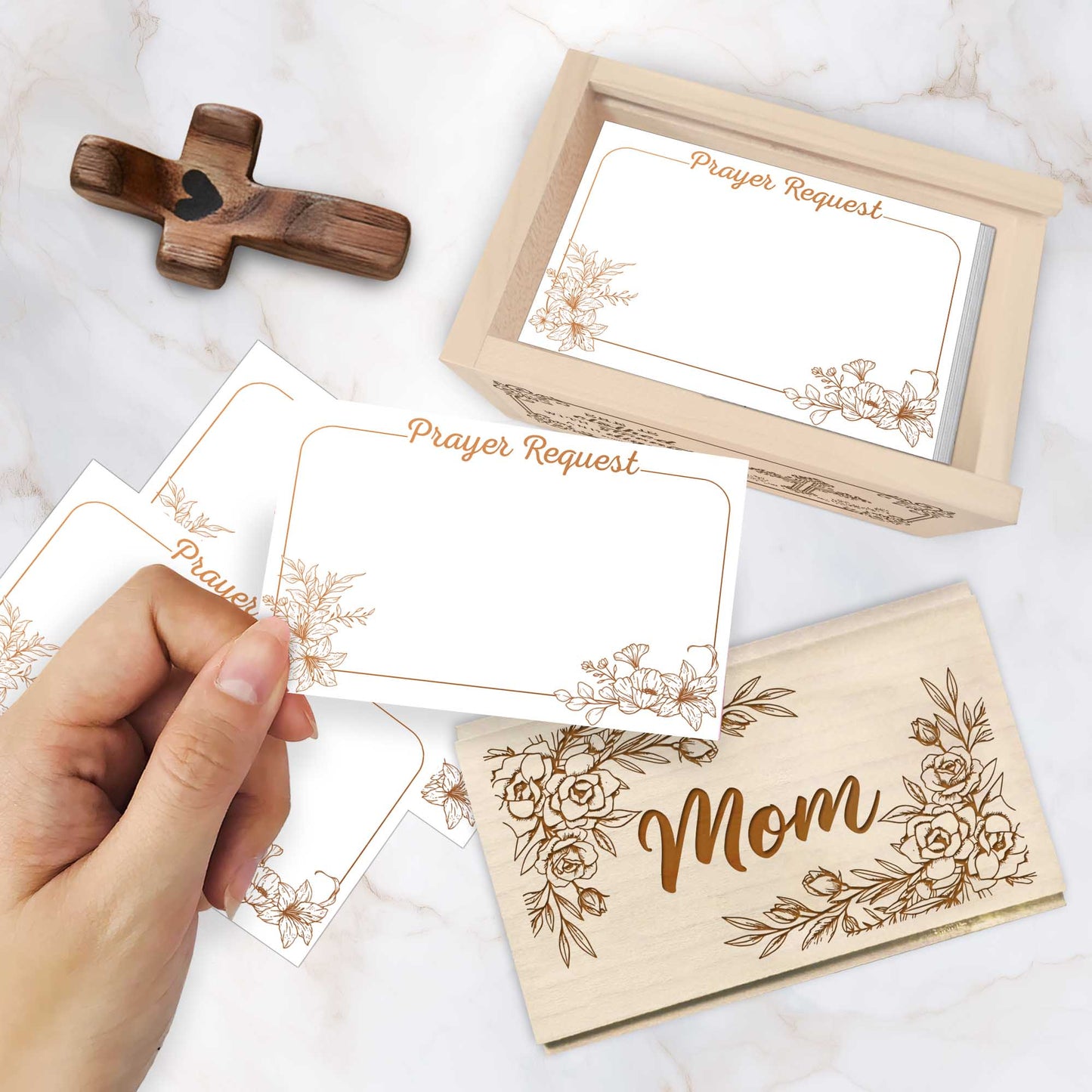 Netecom Personalized Wooden Prayer Box for Mom with 100 Prayer Request Cards and Custom Name Handheld Cross, Meaningful Religious Gift for Mother