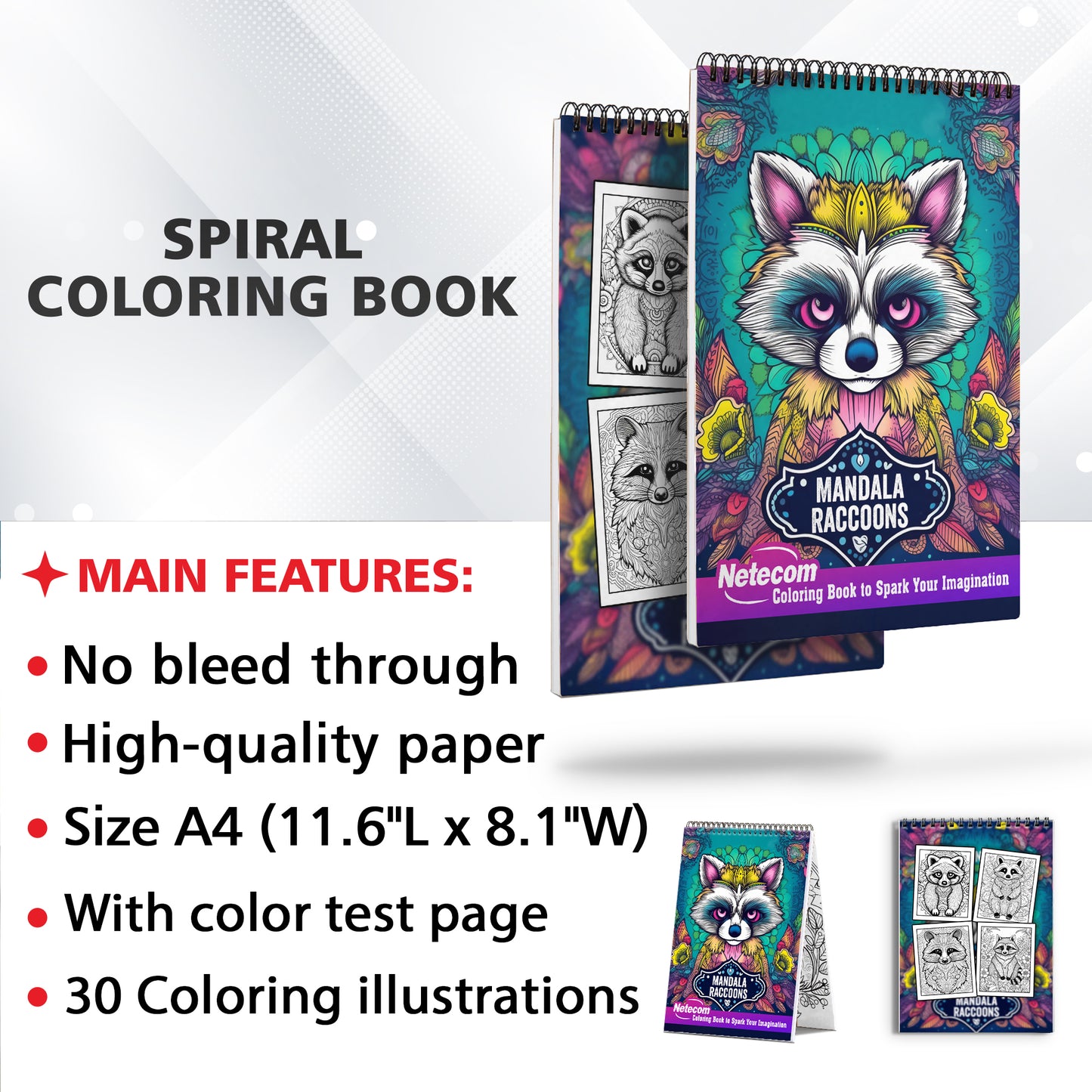 Mandala Raccoons Spiral Bound Coloring Book, 30 Raccons Mandalas Coloring Book for Unwind and Stress Relief, Excellent Gift for Animal World Lovers, Coloring Book for Adults