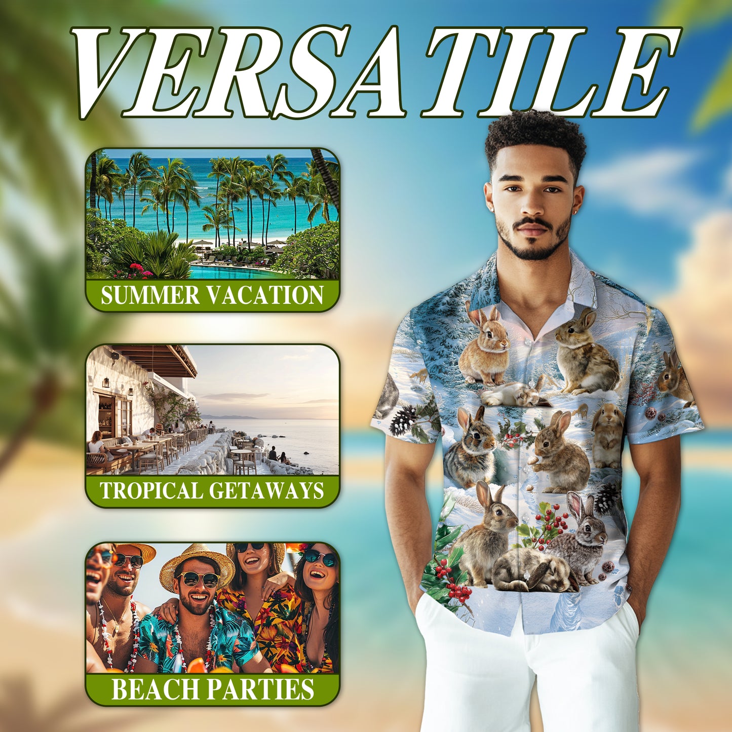 Netecom Rabbits in Snow Hawaiian Shirt for Men, Winter Bunny Holiday Button Down Summer Beach Short Sleeve Shirt