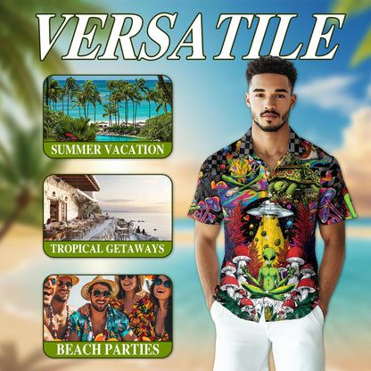 Netecom Hippie Mushroom Alien Hawaiian Shirt for Men Women, Tropical Button Down Summer Beach Short Sleeve Shirts