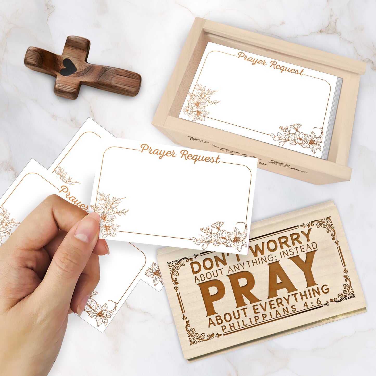 Netecom Wooden Prayer Box with Bible Verse Engraving, 100 Prayer Request Cards & Personalized Name Cross – Religious Faith Gift