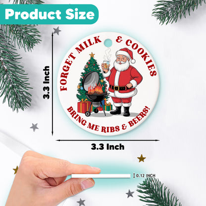 Netecom Funny Forget Milk & Cookies Bring Me Ribs and Beers Christmas Ornaments, Santa Claus Ceramic Ornament for Xmas Tree Hanging Decoration Gift, Gifts for Friends Family, Holiday Present