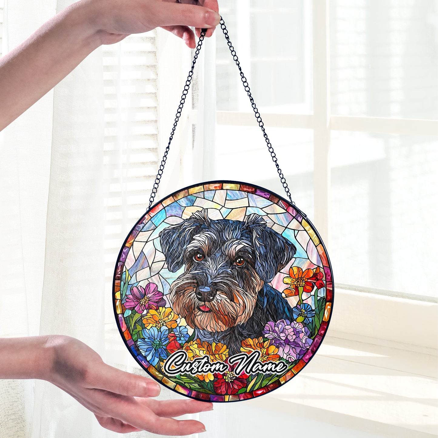 Netecom Custom Schnauzer Stained Glass Ornament, Personalized Pet Memorial Sun Catcher, Pet Loss Sympathy Gift, Christmas Decoration