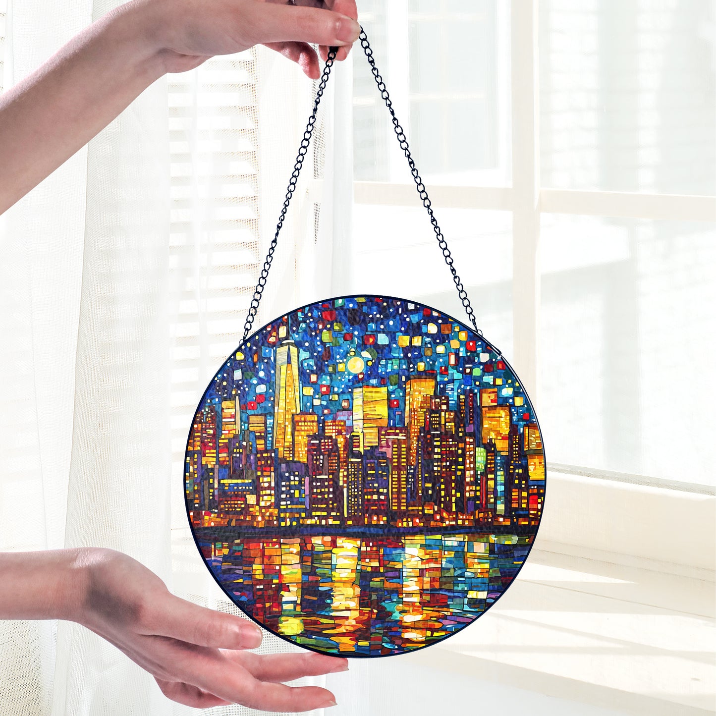 Netecom City Nightscape Stained Glass Ornament – Custom Urban Sun Catcher, Night City Lights Home Decor
