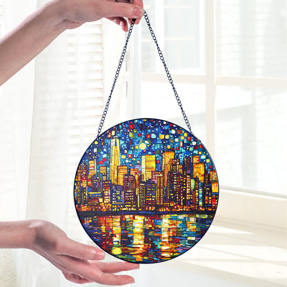 Netecom City Nightscape Stained Glass Ornament – Custom Urban Sun Catcher, Night City Lights Home Decor