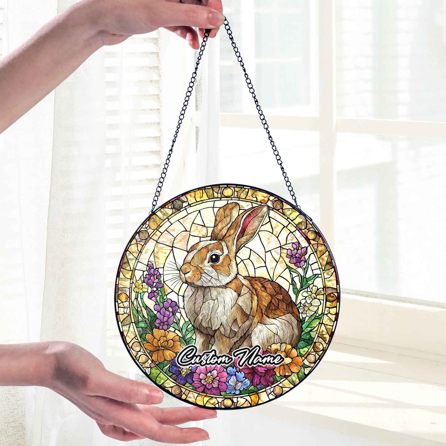 Netecom Custom Rabbit Stained Glass Ornament, Personalized Memorial Suncatcher, Pet Loss Remembrance Gift, Christmas Decoration