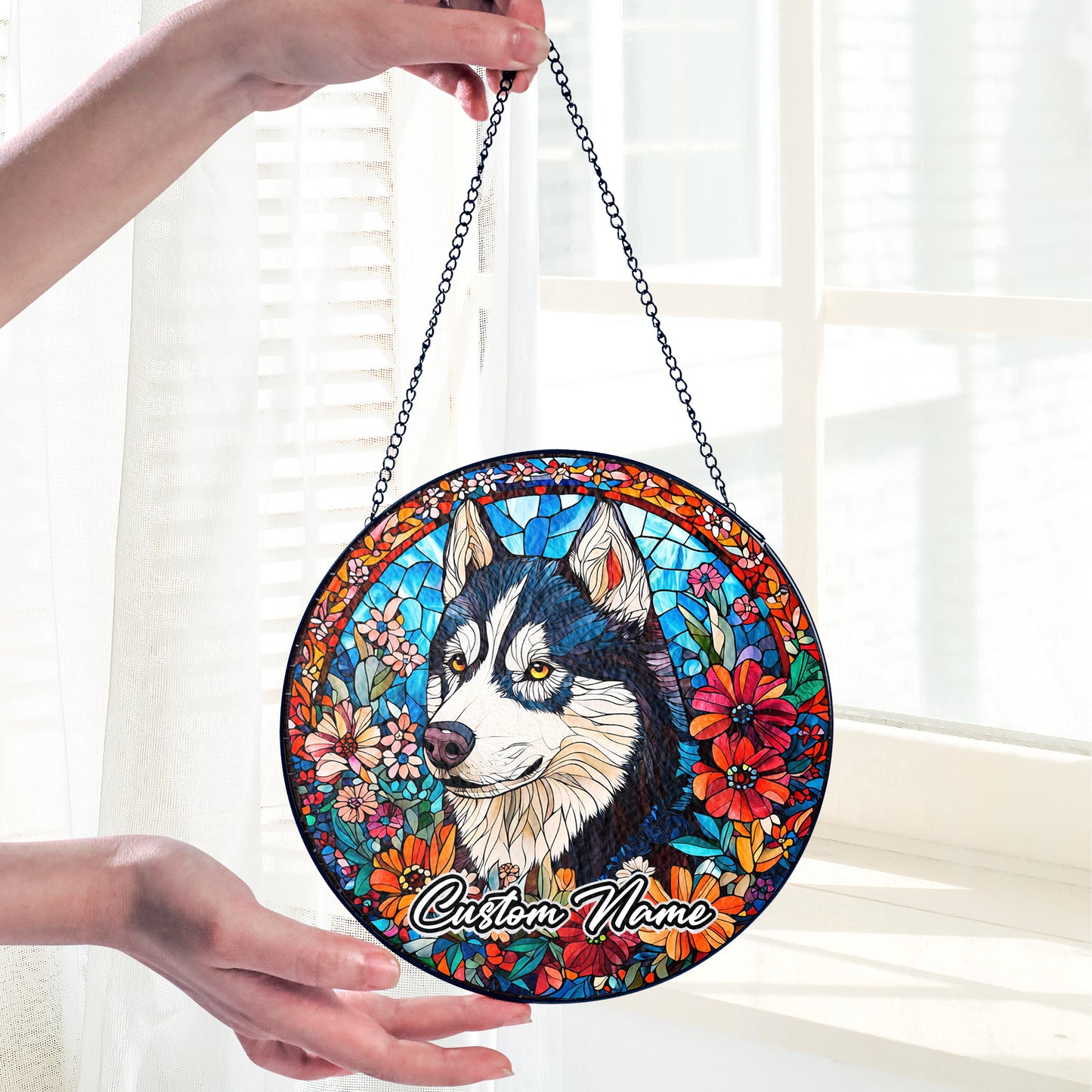 Netecom Custom Husky Dog Stained Glass Ornament, Personalized Memorial Suncatcher, Pet Loss Sympathy Gift, Christmas Decoration