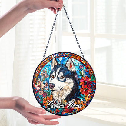 Netecom Custom Husky Dog Stained Glass Ornament, Personalized Memorial Suncatcher, Pet Loss Sympathy Gift, Christmas Decoration