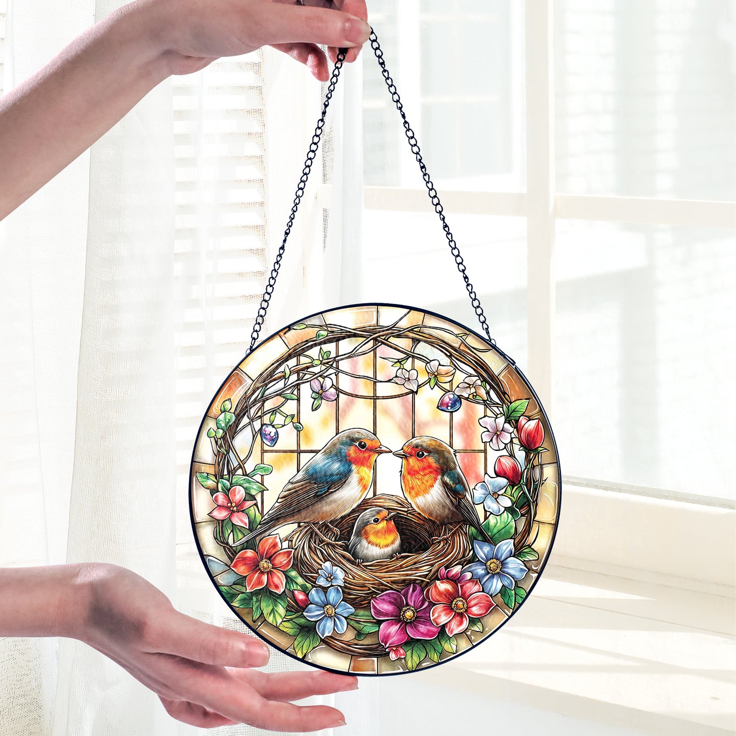 Netecom Robin Couple Stained Glass Suncatcher, Bird Nest Window Hanging Decor, Nature-Inspired Home Accent, Christmas and Mother’s Day Gift for Bird Lovers