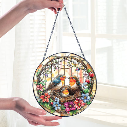 Netecom Robin Couple Stained Glass Suncatcher, Bird Nest Window Hanging Decor, Nature-Inspired Home Accent, Christmas and Mother’s Day Gift for Bird Lovers