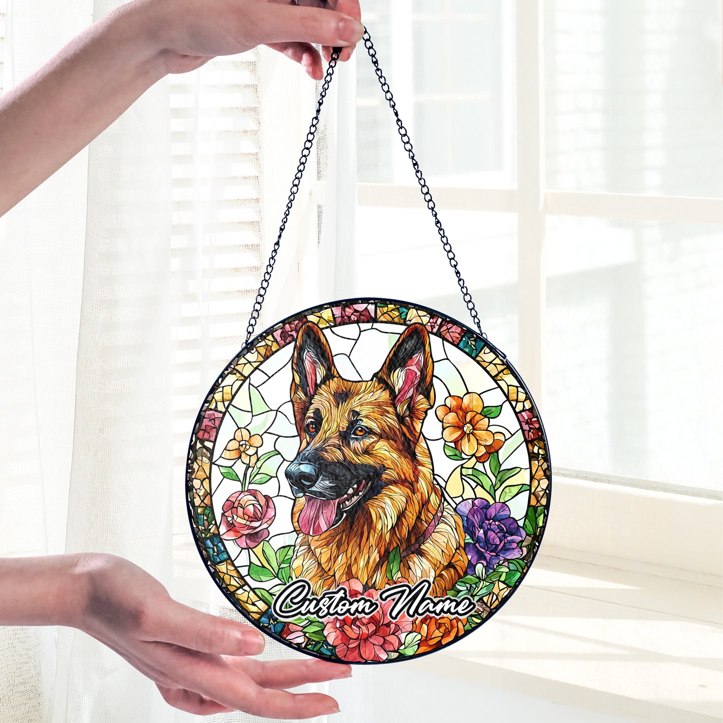 Netecom Custom German Shepherd Stained Glass Ornament, Personalized Pet Memorial Suncatcher, Pet Loss Sympathy Gift, Christmas Decoration