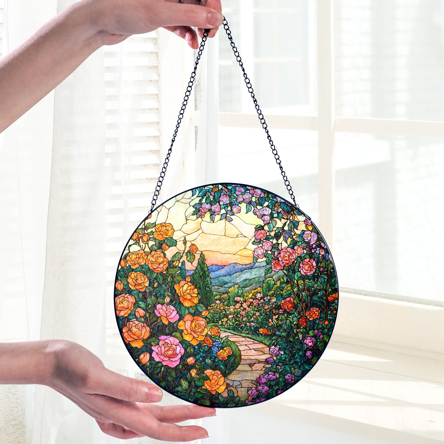 Netecom Rose Garden Stained Glass Ornament – Custom Floral Sun Catcher, Garden Path Decoration and Gift