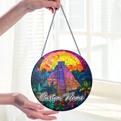 Netecom Personalized Mexico Landmark Stained Glass Suncatcher – Mayan Pyramid Ornament, Unique Cultural Decor & Travel Gift for Home or Souvenir