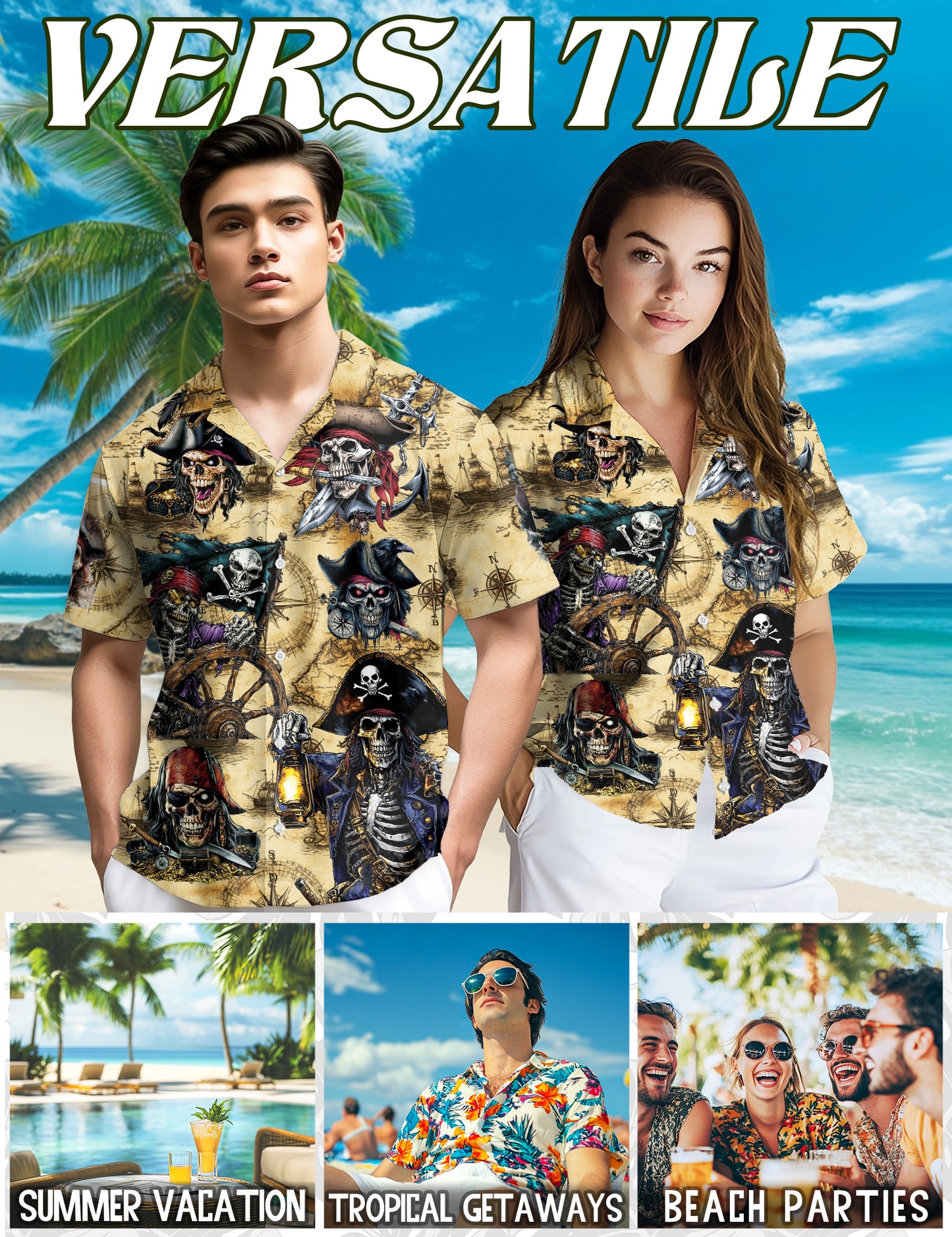 Netecom Pirate Skull Treasure Hawaiian Shirt for Men, Mysterious Pirate Button Down Summer Beach Short Sleeve Shirts