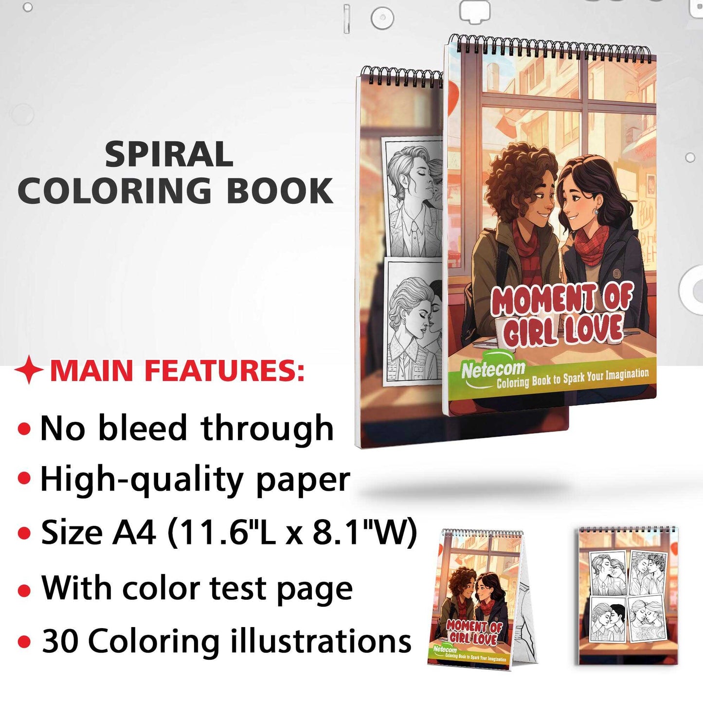 Moment of Girl Love Spiral Bound Coloring Book, Embrace the Beauty of Lesbian Love Stories with 30 Captivating Coloring Scenes of Tender and Loving Couples.