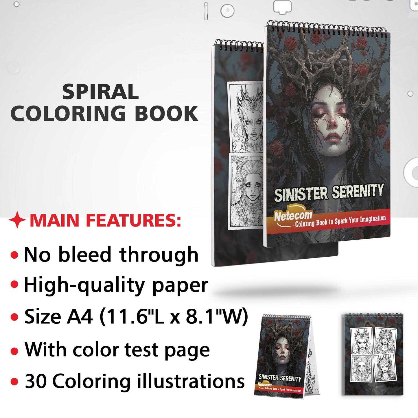 Sinister Serenity Spiral Bound Coloring Book, Enter the Sinister Serenity with 30 Coloring Pages for Gothic Art Enthusiasts to Unleash Their Creative Expression