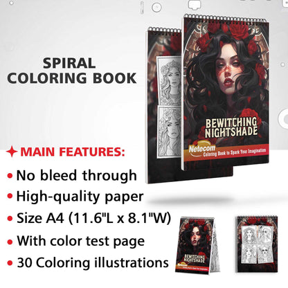 Bewitching Nightshade Spiral Bound Coloring Book, Indulge in 30 Mysteriously Alluring Coloring Pages of Bewitching Nightshade, Depicting Elegantly Creepy Beauty