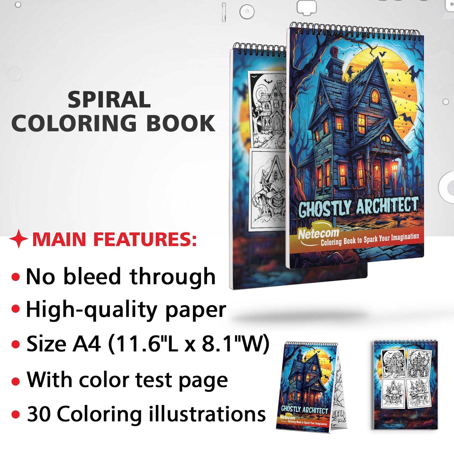 Ghostly Architect Spiral Bound Coloring Book, Celebrate the Spectral Beauty of Architecture with 30 Delightful Coloring Book Pages, Each Infused with Ghostly Magic.