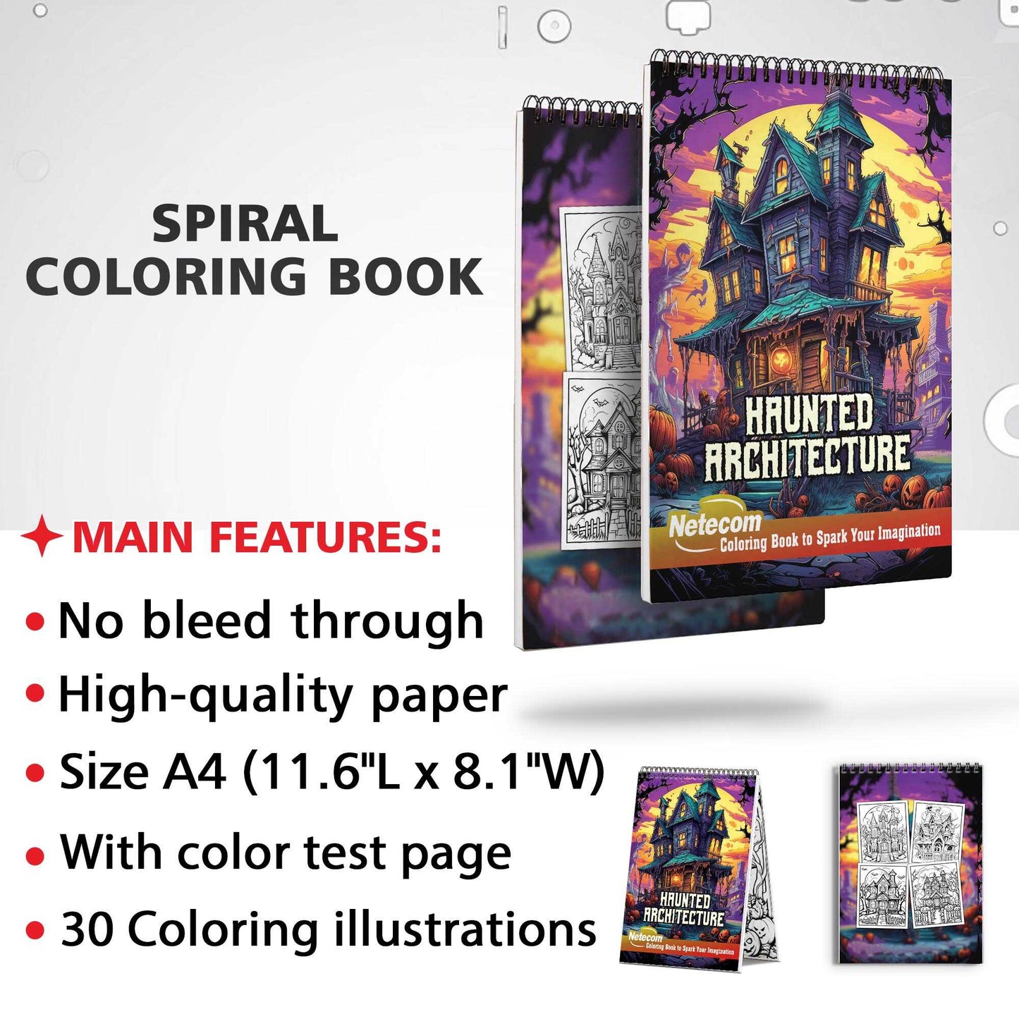 Haunted Architecture Spiral Bound Coloring Book, Embrace the Enigmatic Allure of 30 Enchanting Pages, Where Haunted Edifices Stand Tall.