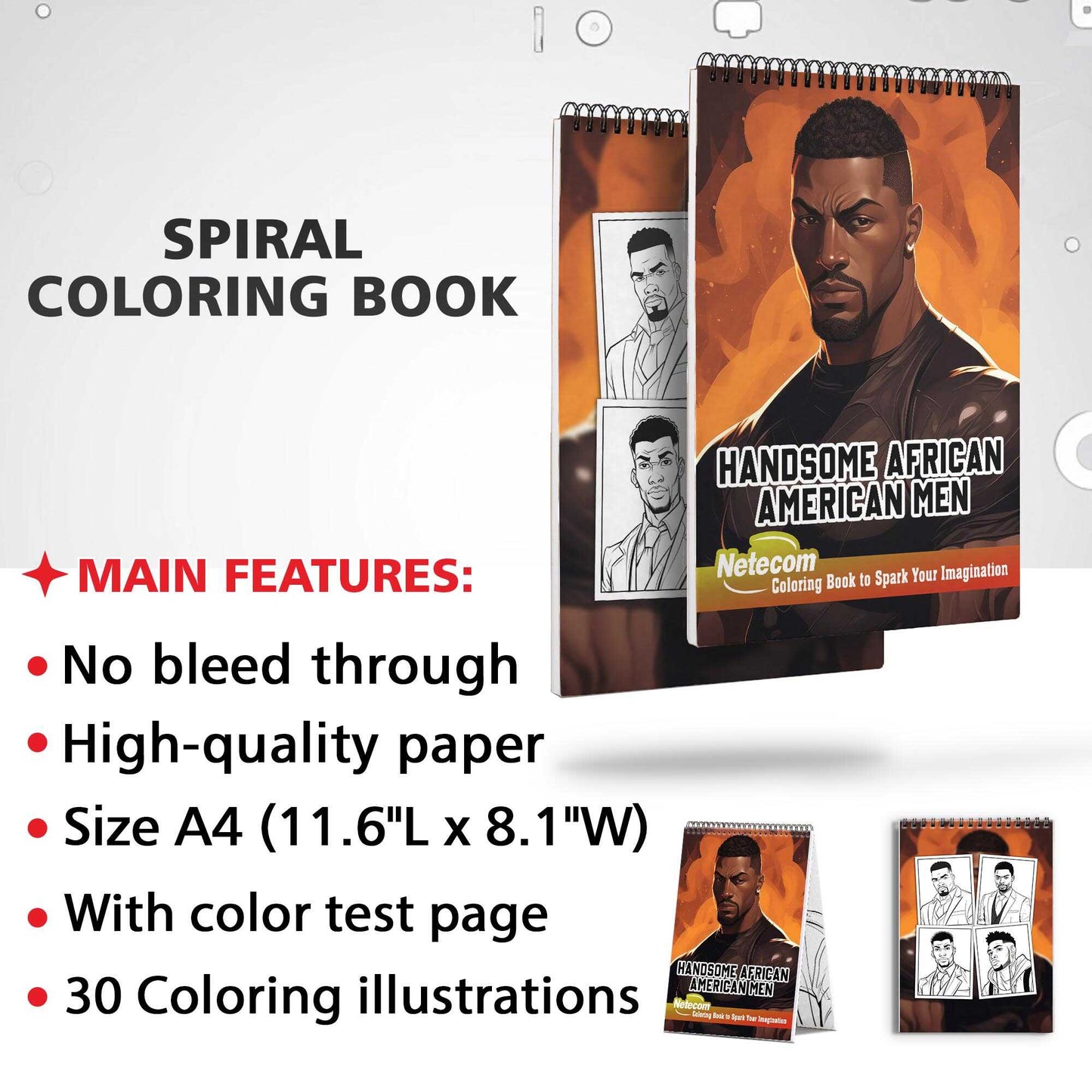 Handsome African American Men Spiral Bound Coloring Book, Unwind with 30 Serene Coloring Pages, Providing Therapeutic Relaxation and a Sense of Timeless Beauty