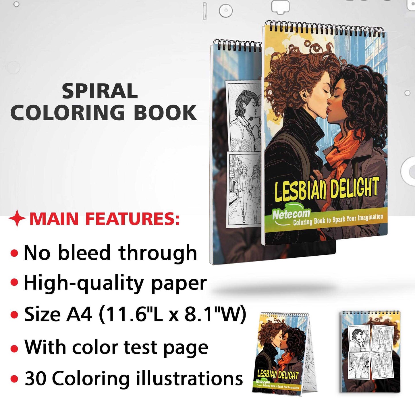 Lesbian Delight Spiral Bound Coloring Book, Embrace the Joy of Lesbian Love Stories with 30 Captivating Coloring Scenes of Delighted Couples.