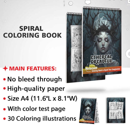 Ethereal Dreadful Spiral Bound Coloring Book, Unveil the Mysterious Allure with 30 Enchanting Coloring Pages, Creating a Hauntingly Beautiful and Mindful Coloring Experience