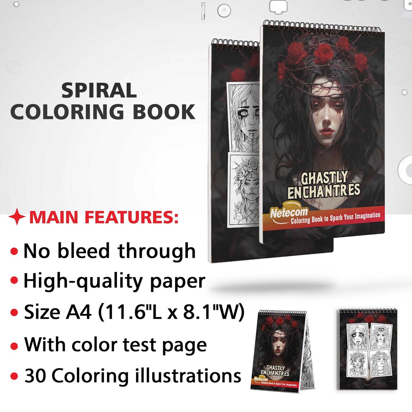 Ghastly Enchantress Spiral Bound Coloring Book, Delight in 30 Whimsical Coloring Pages of the Ghastly Enchantress for Gothic Art Admirers to Embrace the Quirky Charm and Sophisticated Creepy Vibes of Dark Fantasy Scenes