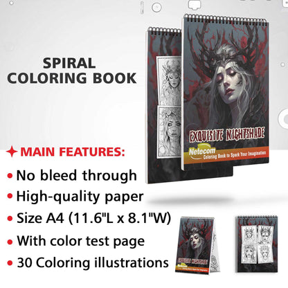 Exquisite Nightshade Spiral Bound Coloring Book, Discover the Dark Elegance with 30 Mesmerizing Coloring Pages, Unleashing Your Inner Artist in the World of Nightshade