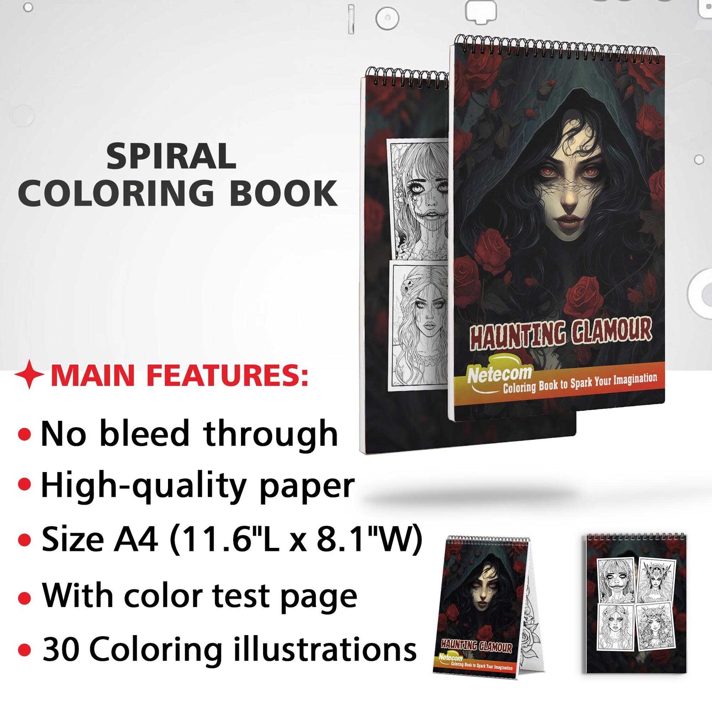 Haunting Glamour Spiral Bound Coloring Book, Face Your Fears with 30 Mesmerizing Coloring Pages of Horror Beauty Girls in Haunting Glamour, Providing Therapeutic Stress Relief