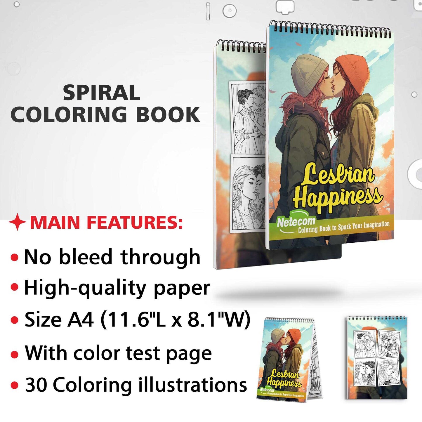 Lesbian Happiness Spiral Bound Coloring Book, Unleash Your Creativity with 30 Charming Pages Filled with Heartfelt Moments of Lesbian Romance and Contentment.