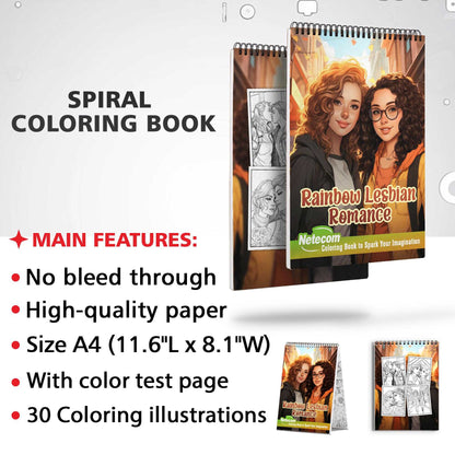 Rainbow Lesbian Romance Spiral Bound Coloring Book, Journey into a World of Expression with 30 Artistic Coloring Pages Inspired by the Deep Emotions of Loving LGBTQ+ Relationships.