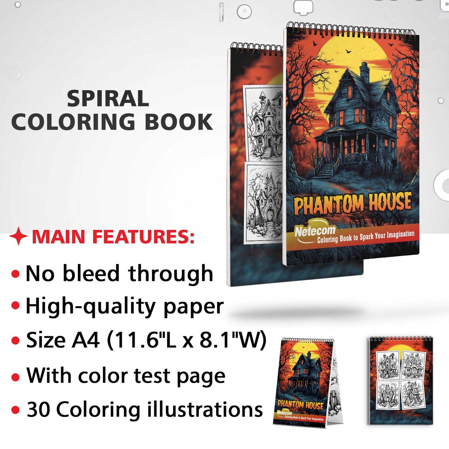 Phantom House Spiral Bound Coloring Book, Embrace the Chill of the Supernatural with 30 Enchanting Pages, Where Phantoms Lurk Around Every Corner.