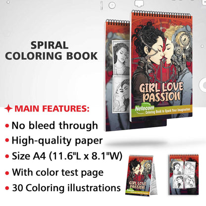 Girl Love Passion Spiral Bound Coloring Book, Celebrate the Fiery Romance of Lesbian Love Stories with 30 Captivating Coloring Scenes of Passionate Couples.