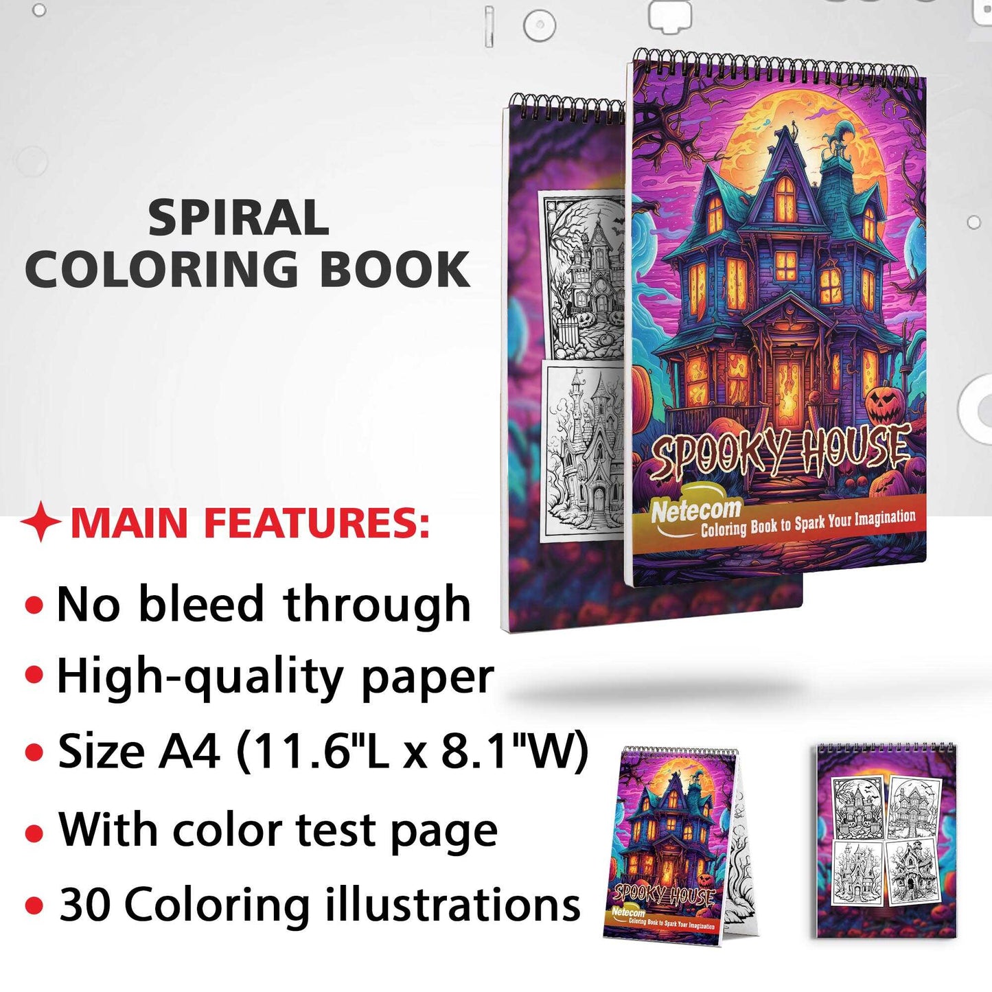 Spooky House Spiral Bound Coloring Book, Unleash Your Imagination in a Spine-Tingling Setting with 30 Charming Pages of Haunting House Scenes.