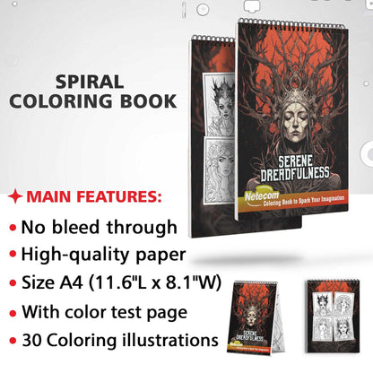 Serene Dreadfulness Spiral Bound Coloring Book, Discover the Dark Elegance with 30 Mesmerizing Coloring Pages, Unleashing Your Inner Artist in the World of Serene Dreadfulness