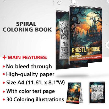 Ghostly House Spiral Bound Coloring Book, Unleash Your Creativity in a Spine-Tingling Setting with 30 Charming Pages of Eerie House Scenes.