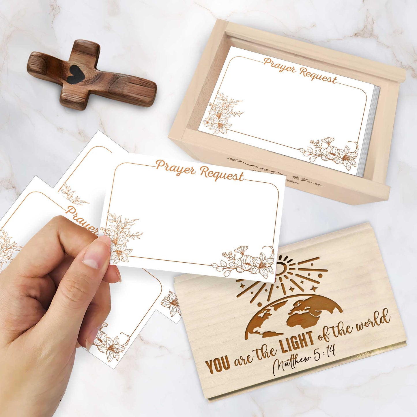 Netecom Personalized Wooden Prayer Box with 100 Prayer Request Cards & Custom Name Cross – Christian Faith Gift You Are the Light of the World