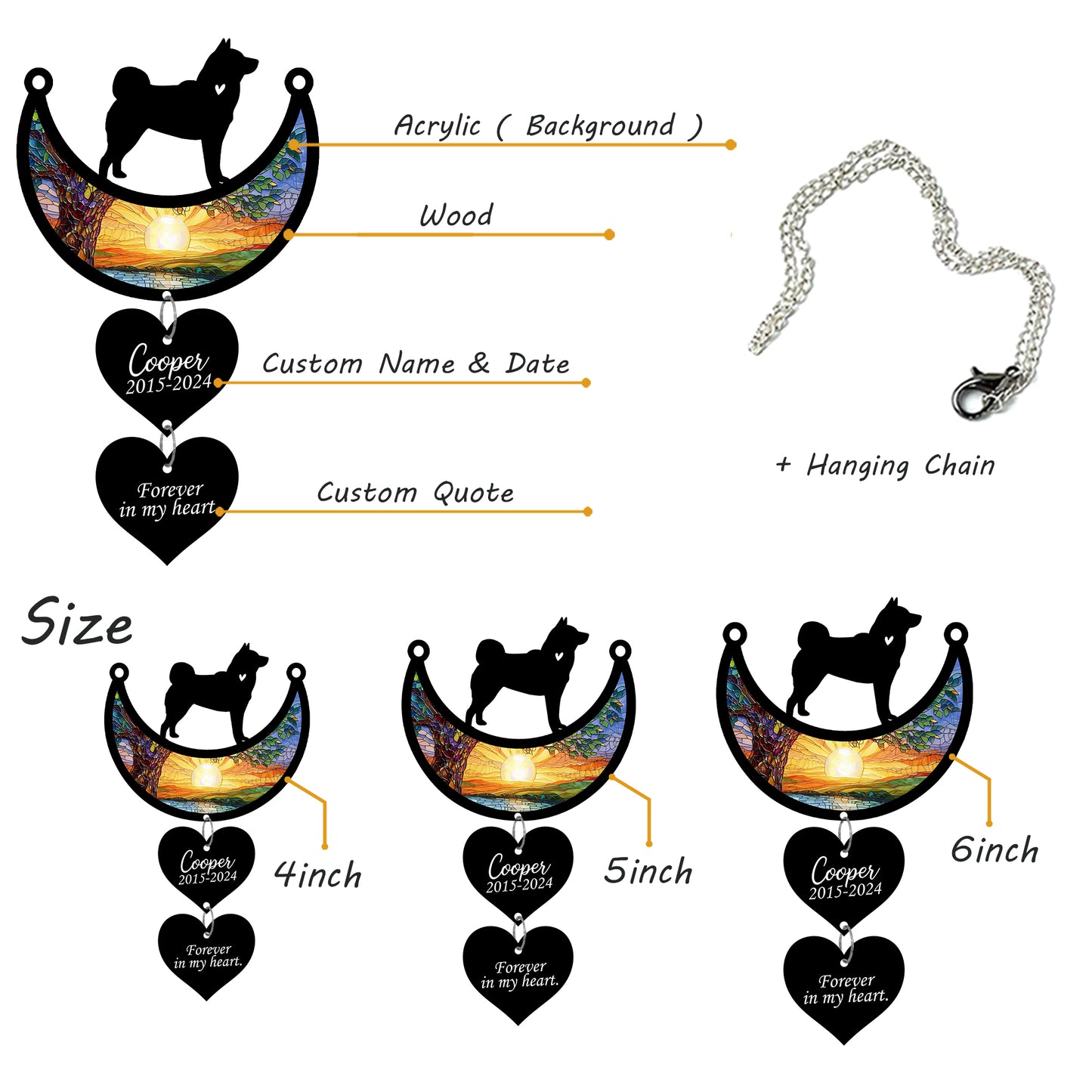 Netecom Personalized Akita Moon Heart Memorial Suncatcher, Custom Akita Ornament with Name Date, Dog Loss Sympathy Gift, Pet Remembrance Keepsake