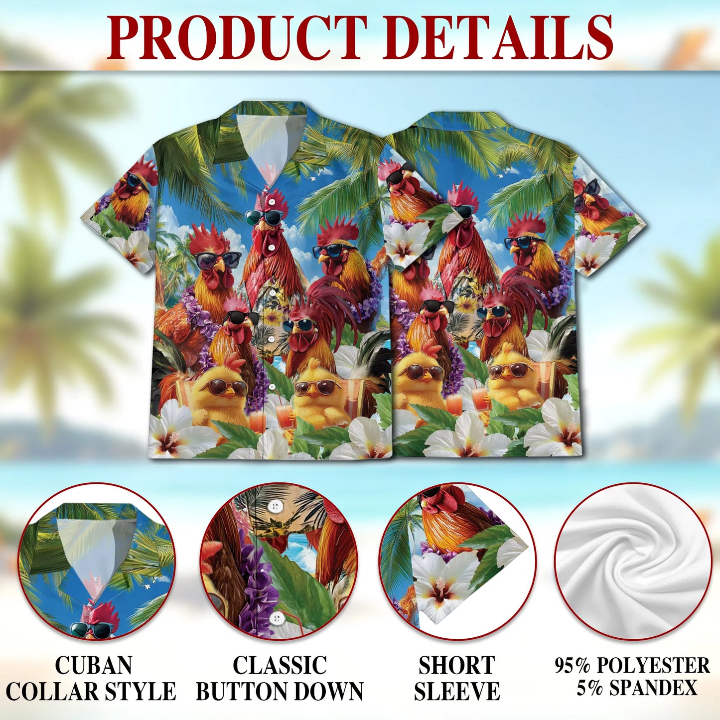 Funny Chicken Wearing Sunglasses Print Hawaii Dog and Owner Matching Button Shirts
