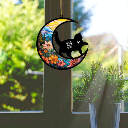 Netecom Personalized British Shorthair Cat On Moon Suncatcher - Custom with Name & Date - Pet Loss Light Catcher - Gifts for Cat Lovers - Christmas Cat Ornament for Car Hangings