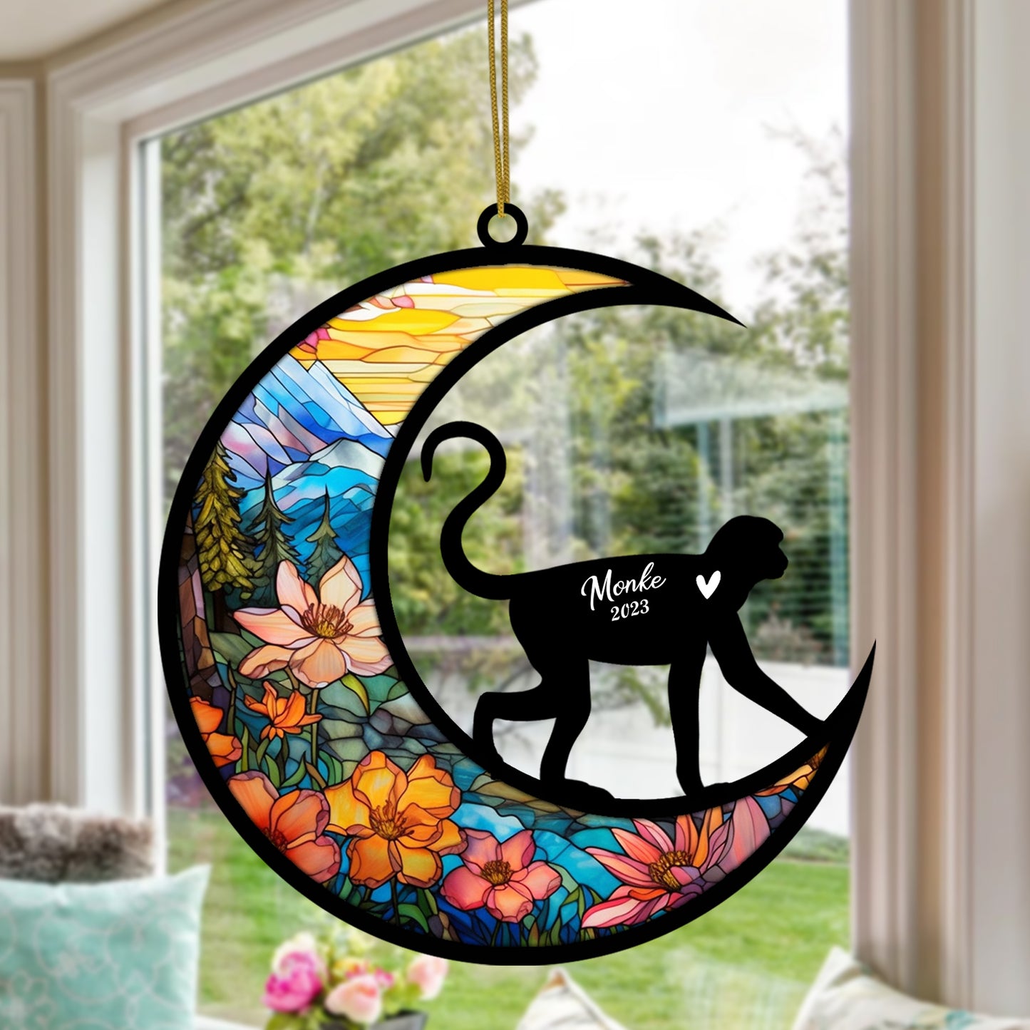 Netecom Personalized Monkey Memorial Suncatcher - Monkey Christmas Ornament with Name & Date - Pet Loss Stained Glass Light Catcher - Bereavement & Sympathy Gift for Loss of Pet