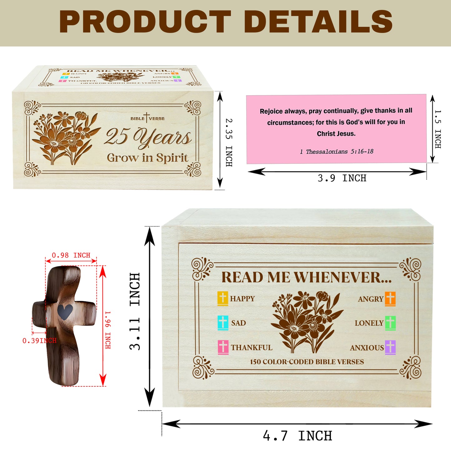 Netecom Personalized Bible Verse Box for 25 Years Birthday, Custom Name & Age, Engraved Wood Scripture Box with Pocket Cross, 150 Daily Bible Verse Cards, Christian Birthday Gift