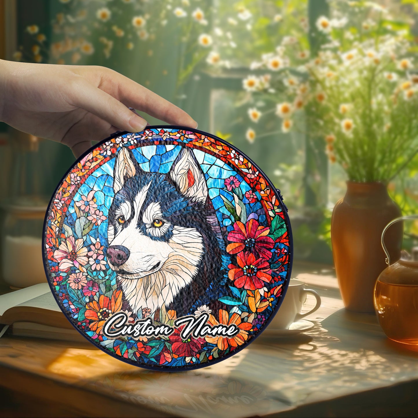 Netecom Custom Husky Dog Stained Glass Ornament, Personalized Memorial Suncatcher, Pet Loss Sympathy Gift, Christmas Decoration