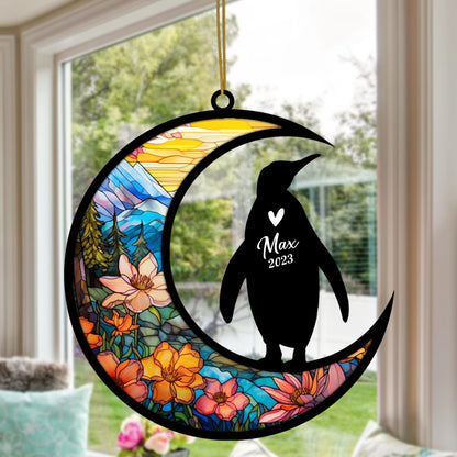 Netecom Personalized Penguin Memorial Suncatcher, Pet Loss Suncatcher, Bereavement Penguin Loss Gift, Custom Penguin with Name Date, Gifts for Penguin Lovers, Hanging Ornaments for Car, Window